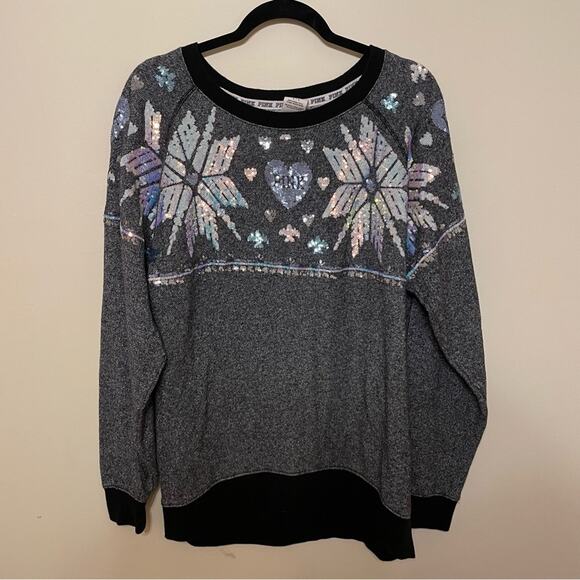 Y2K Pink Victoria’s Secret Vintage S sweatshirt sequin winter snowflakes heart - Picture 1 of 8